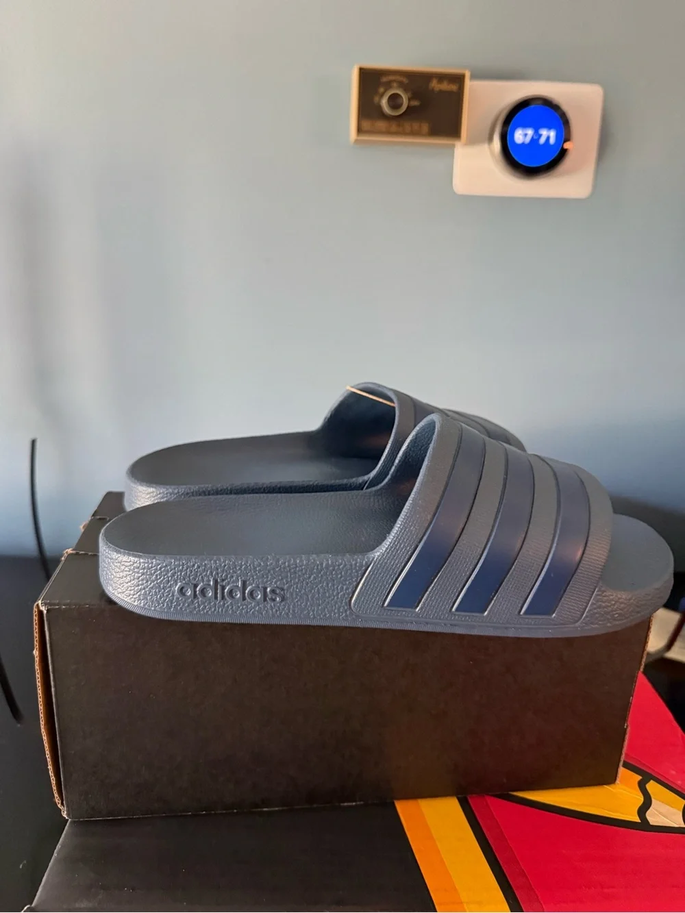 adidas Navy Slide Sandals with Striped Strap